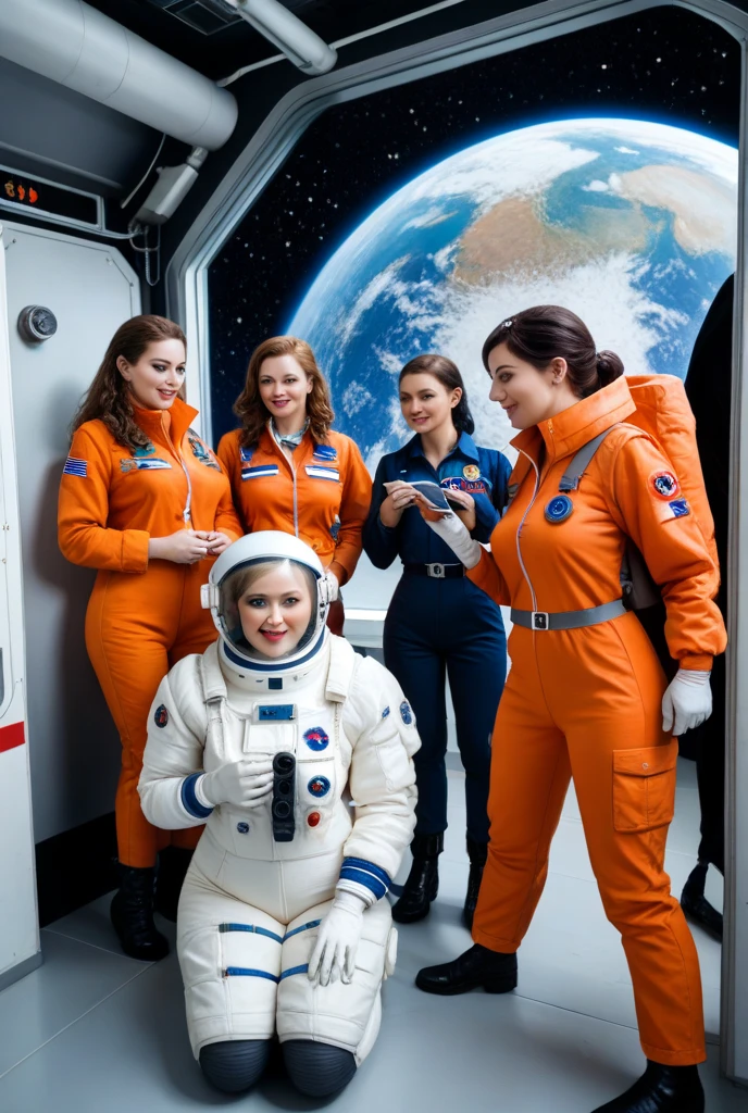 group photo of 4people, 4woman, full figured asian, smiling, wearing full body spacesuit, long pants, sitting, inside of a spaceship, interior of a vintage spacecraft, sci-fi setting, space, stars background