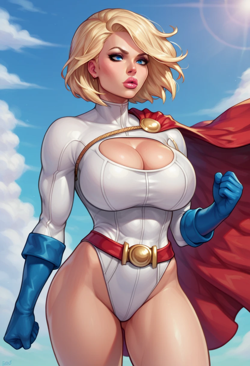 Power girl, llena de semen en sus tetas con bikini apretado y pezones marcados