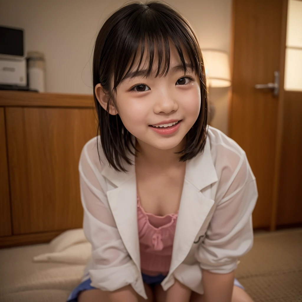 hight resolution、high-level image quality、in 8K、Real live-action、Raw photography、top-quality、masterpiece、超hight resolution、生a picture、ren、Beautiful fece、masutepiece、((Obscene content))、For adults、charm of 、absurderes、((((Japan elementary school students))))、Japan Girl、((8years old))、((with round face))、((Tanuki face))、((Cute little face))、(((((Shy laughter)))))、de pele branca、((chubby face))、(shorten the body a little)、Juvenile physique、小柄、Smaller chest、kne、 thighs thighs thighs thighs、Somewhat short、(tre anatomically correct)、slightly short neck、独奏、fullllbody、Very nice、(((White blouses)))、 ((Pubic area))、(Mansuji)、((White panty))、Are sleeping、(Photorealsitic:1.37)、Photon mapping、Realistic、Radio City、Physically Based Rendering、depth of field rally background、a picture、(((a junior idol in Japan)))、Sparkling eyes、shiny lip、too bright natural light、The Bright Sun、Too bright sunlight、(((((8years old)))))、(((Pubic area)))、(Mansuji)、to stand、Open your legs、Open your crotch、(Slimed、small tit、flat boobs、small tit)、Only one person,Short hairstyles、Short-cut hair、(inside in room),(((Alone)))、(Show me your flat chest、Please bring the hem back to your chest、nipples exposed)))、