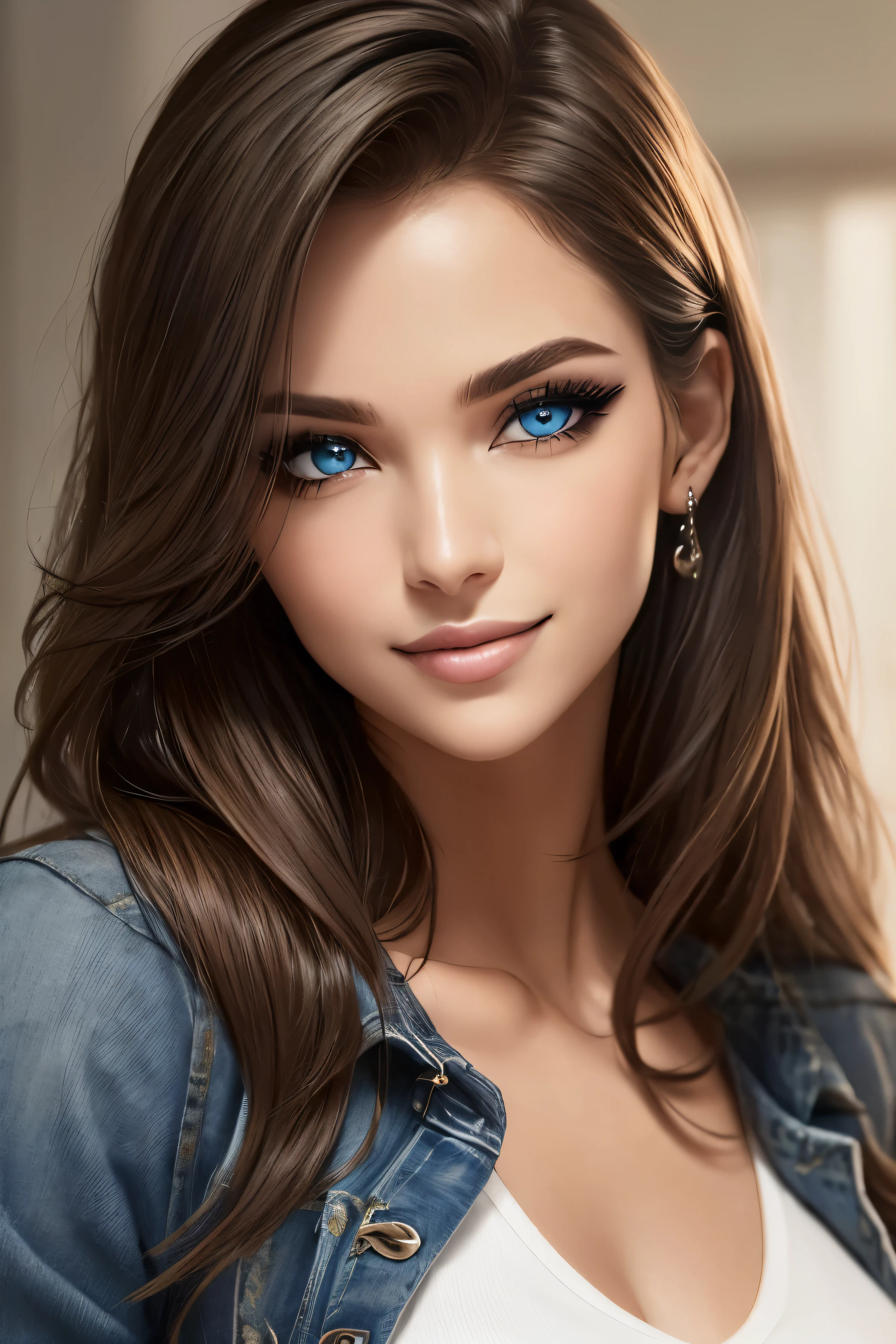 (best quality, masterpiece), ((1 Woman)), beautiful Woman, perfecteyes eyes, (blue eyes), ((Brown hair, [long] hair)), Medium Breasts, realistic, narrow waist, charming, Black makeup, Smoky eye shadow, Dark Eyeliner. long eyelashes, (Tanned Skin), (detailed face), detailed eyes, detailed iris, Jeans, Face Focus, Close Up, Smiling, (grey)