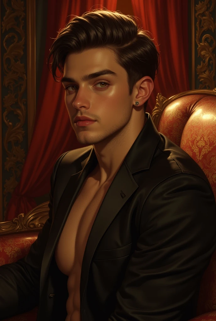 il painting by caravaggio, art noveau deco, paul chabas, a young man latino athletic tonned body, barefoot, shorts, hsppy gaze, smiling gorgeous, pefect simetryc body and face He is sitting slightliy leainig forward, on a ultradetailed barroque style chair, black background, starting at the viewer, happy face evocking happiness, Shadows and lighting, realistic lumen lighting, octane render, shiny vibrant colors, centered, symmetry, painted, intricate, volumetric lighting