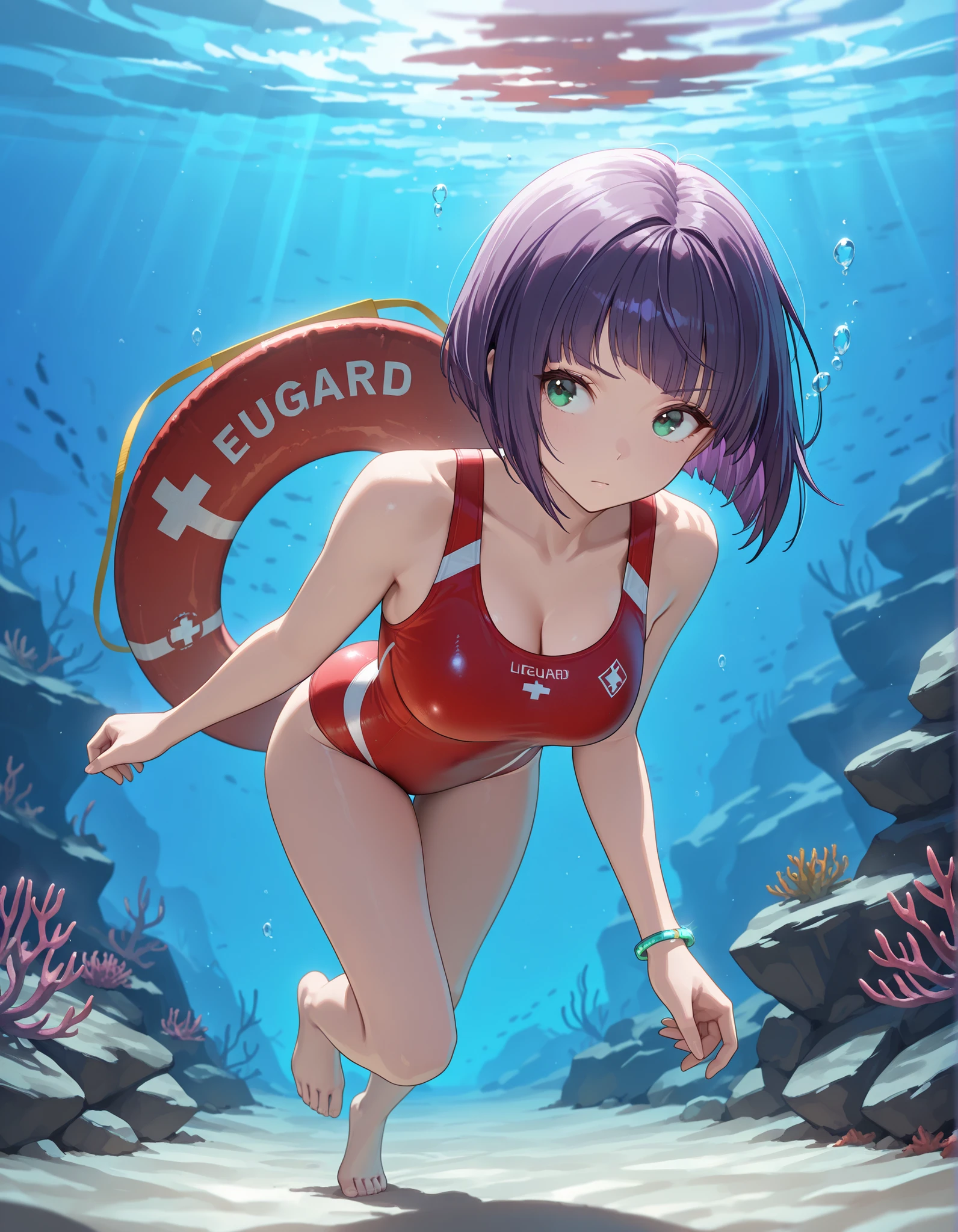 masterpiece, best quality, highres, 1girl, bangs, barefoot, bob_cut, bracelet, breasts, cleavage, full body, green eyes, leotard, medium breasts, purple hair, red leotard, red swimsuit, short hair, solo, standing, lifeguard, swimming, underwater