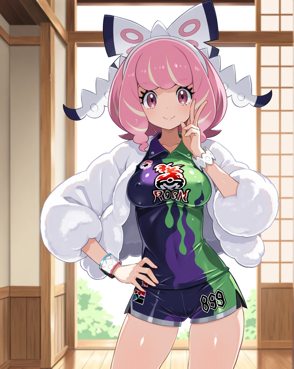 score_9, score_8_up, score_7_up, source_anime, rating_safe, BREAK sasaki saku, 1girl, virtual youtuber, pink hair, multicolored hair, short hair, ahoge, pink eyes, green nails, mole under eye, small breasts, hairclip, earrings, animal hood, panda hood, hood up, two-tone jacket, white jacket, black sleeves, long sleeves, open clothes, pulled by self, opened by self, micro bikini, bikini under clothes, grin, dutch angle, looking at viewer, looking up, steaming body, heavy breathing, standing, bedroom, bed, window, night sky, night, city lights, skyscraper