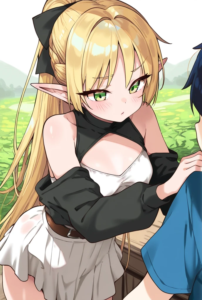 nsfw,((One man and one woman,Having ???)),(supright straddl),hug,from side,Nipples,Small breasts,Bare Breasts,hair ribbon green hairband ,pointy ears,yellow bow green dress bare shoulders detached sleeves clothing cutout skirt green gloves,Open Mouth Smile