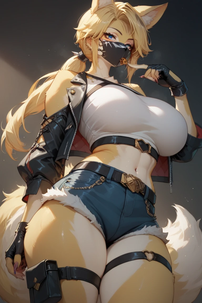 (((Plain background 1:2))) (masterpiece, high quality: 1.1) 1girl full body standing, hairstyle with a braid, white colored hair, yellow eyes, perfect lighting, muscular, thighs, mature woman, mummy, bellybutton, abs, looks at the viewer smile RED CHEEKS, extremely huge breasts, maternal, porcelain skin, extra very long hair, sparkly skin, good face, chest cover, HANDS ON HIPS