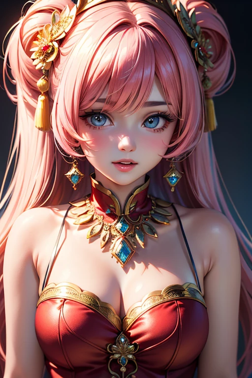 masterpiece, best quality, highly detailed, high resolution, expensive resolution, high resolution, 4k, 8k, uniform 8k wallpaper, highly detailed CG, masterpiece, 2d, 3d, beautiful details, depth, fine texture, best quality: 1.3, perfectly focused, sharp. skin, him, very cute anime girl, cute 20s girl in indian costume saree, big breasts, pink medium long hair in expensive clothes, mole under eye, looking at the viewer, expensive, blush, mole, open lips, pink eyes, smiling heart shaped choker
