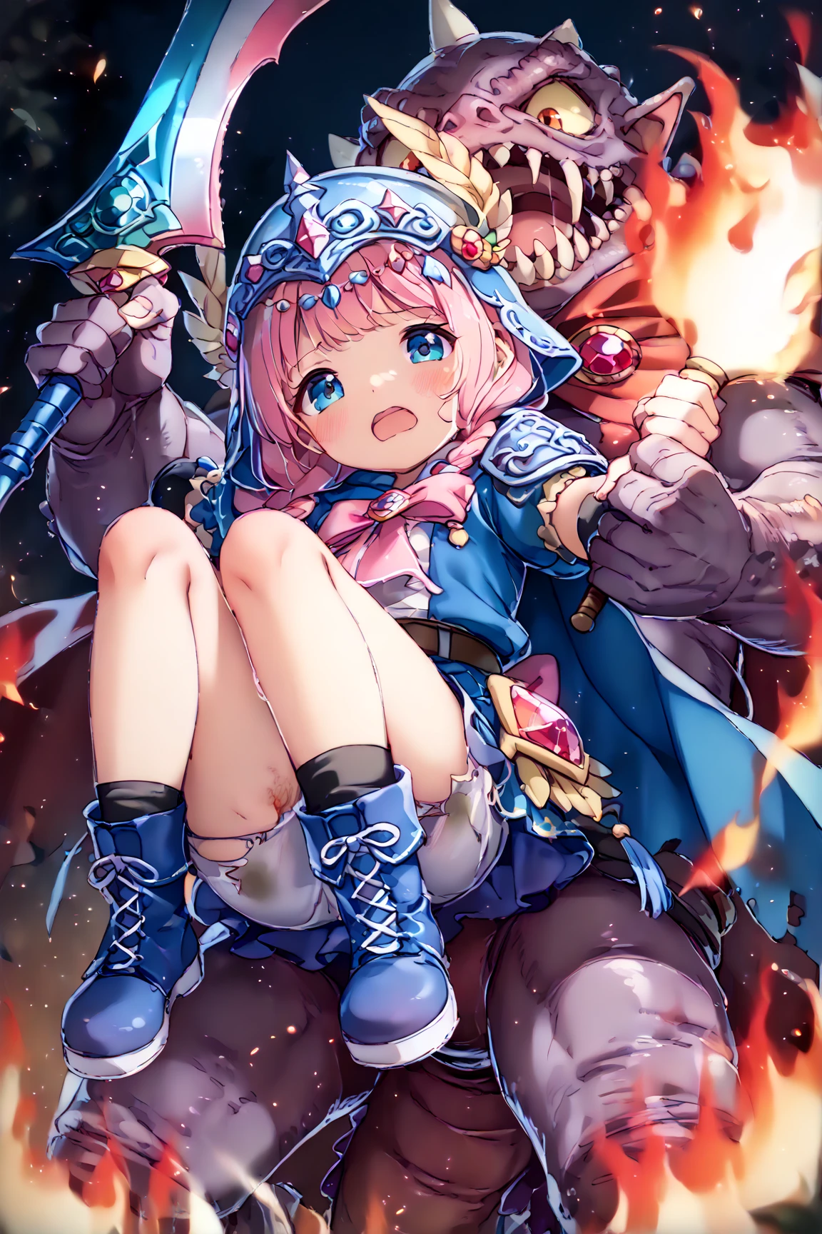 masterpiece, Highest quality, Highest quality, High resolution, concentrated、You can see the top and bottom of your underwear(Pink underwear)、Open chest、The crotch is open、Facing each other、A warrior girl fighting many goblins(Magic wand)(Fire Magic)(Desperate look)(Horizontal)(White Hair)(Blue clothes)(Cape)(choker)(belt){Heart Necklace}(Thigh knee-high socks)(Tear bags)(Earrings)(boots)(Clothes get a little torn)、Fighting Goblins、Full body angle、Side view、Drops of sweat fly、Inside the Earth Ruins、Speed、