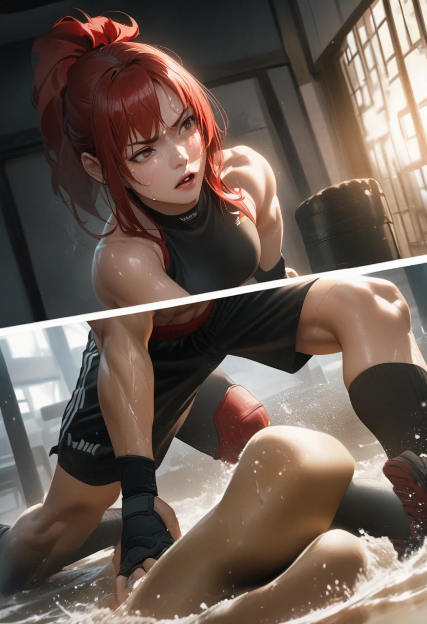 (((lying))) , CARTOON_barbara_ownwaifu,cell Shading,anime coloring, violently torn black tank top, assaulted by a scary man,masterpiece,best quality,.ownwaifu.com,long hair,glasses,red hair,blue eyes,black-framed eyewear,breasts,under-rim eyewear,semi-rimless eyewear, curvy, toned, large breasts, narrow waist, (((she is brutally knocked on the face:1.2))), (((monstrous men punching her cheek:1.2))), (((knocked in the face))), (((assaulted))), pain, (((her cheek is deformed by the violent impact:1.3))), (((strangled woman view:1.2))), (((torn clothes))), (((exposed naked breasts))), (((fast strangling movement effect:1.2))), (((one naked breast:1.2))), (((cameltoe panty))), (((hugely drooling:1.2)))
