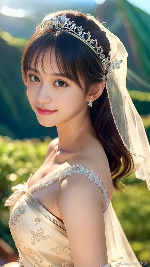 (highest quality, table top:1.2), (realistic:1.3), (Very detailed background, detailed background), bokeh,shot from the side,  ((huge  breasts)), [[valley]],(princess line transparent wedding dress:1.3),(((one shoulder:1.3))), bridal tiara, bridal veil, bridal gauntlet,  Upper body, (Wedding venues near the sea:1.2), smile,ditch，Expose the base of the thighs