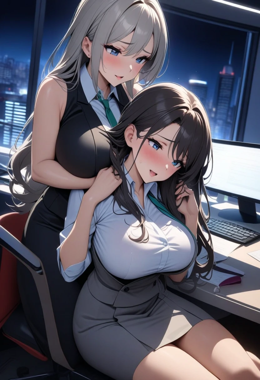 ((super high quality,))((Ultra-high resolution,))(16K,)(super masterpiece,)((Ultra HD ,))(Detailed shading,)Three sexy wives,Office Lady,((popped Tight collar White shirts,))Unbutton the third button,Black tight skirt,Glasses,blush,Ahegao,necklace,wedding ring,Sweaty,Flowing Love Juice,Dark Room,