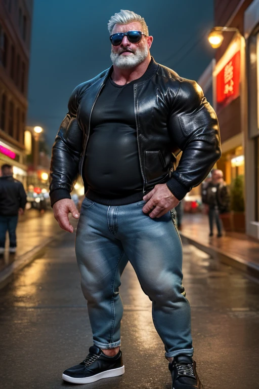 (Ultra realistic), detailed realistic, a man, focus on the man, a handsome American man in his 30s, very muscular, very tall, voluptuous, guardian of the city, divine presence, god man, guarding the city, Beautiful, bald , shaved head, long face, detailed eyes, big eyes, green eyes, soft. smile, big muscles, jeans, black jacket with white shirt underneath, big bulge, bulge, realistic, masterpiece, highest quality, perfect highlights, perfect hands, pale skin, (realistic skin), outdoors, dark magic in the city, lanterns lit at night