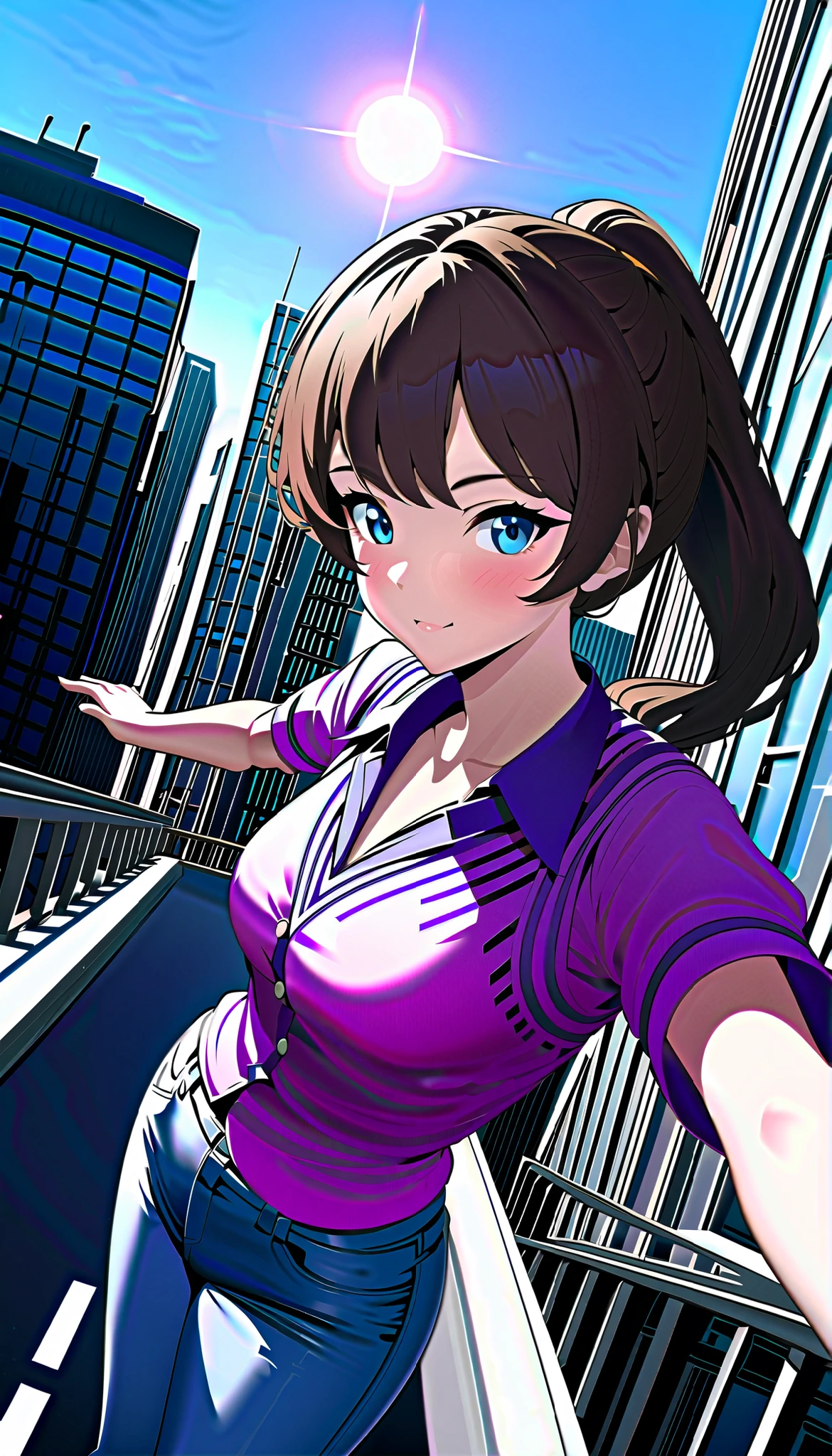 ((RAW Photo), Absurds, (Absurd Resolution)), ((Hyperrealism, Photorealistic)), beautiful woman 21 years old, (very beautiful brunette), (brown hair, ponytail), (Her beauty is legendary, You sigh when you see her), (blue eyes), (outfit: 70s, tight jeans, pink blouse, purple vest), sun reflections, (background: skyscrapers) (Aerial Perspective). «SunPuma S»