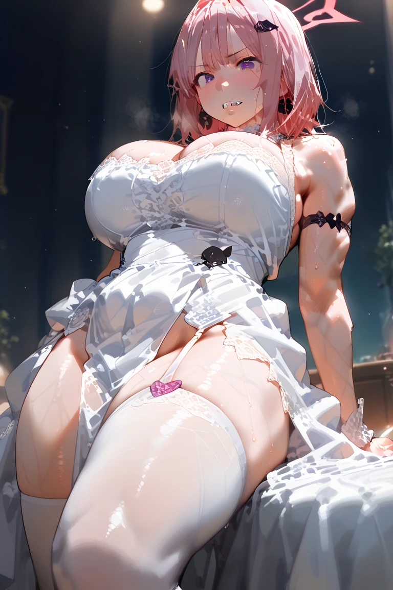 nsfw,1 girl,,petite,(Huge breasts:1.6),short hair,shining eyelush:1.5),(embarrassed:1.5),(surprised:1.3),(happy:1.5),looking at viewer,wet,(see through:1.6),(clothes lift:1.7),(white wedding dress:1.6),kyriedef, hair over one eye,(open legs:1.6),(spread legs open wide:1.6),(standing:1.6),(from behind:1.5),(from below:1.5),church,Realistic,High-definition,