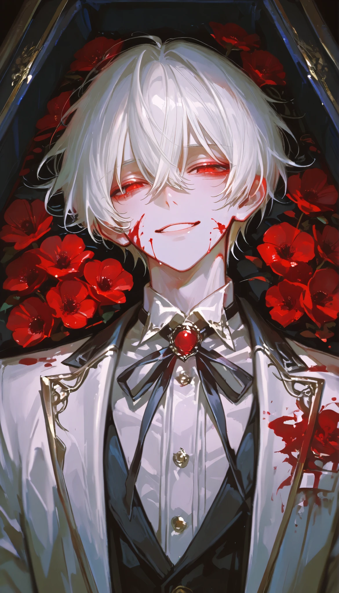 young man, (((male))), (((man))), (((one person))), single, solo, (((white colored hair))), (((red colored eyes))), ((blood red colored eyes)), (medium short hair), (((grey colored skin))), wavy hair, slim figure, ((flat chest)), ((wearing fantasy clothes)), fantasy style, (((wearing flowers in his hair))), ((flowers in hair)), ((pointy ears)), ((spiderlily flowers)), (sunny weather), smiling, dark red colored flowers, thorns, spikes, warm light, gold colored details, undead, (happy), (cute face), black colored blood, black ink, chain with a pocketwatch