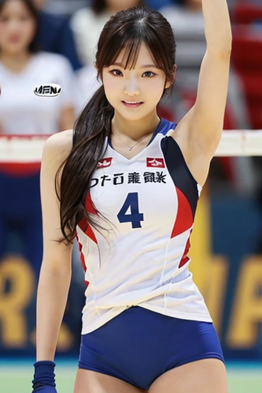(Highest image quality, Highest image quality, Super A High Definition), (Raw photo, Realism 1.4), (flat chest), Fine skin, Fine face, Cute, AKB Girl, Teen Girls, Small breasts, Perfect Skin, thighs thighs thighs thighs, Medium Hair, Perfect, Brown hair, Brown eyes, Gravure Pose、Full body, (((Spread)), shiny, ((Volleyball uniform))、Sleeveless、(Gymnasium), Smile,