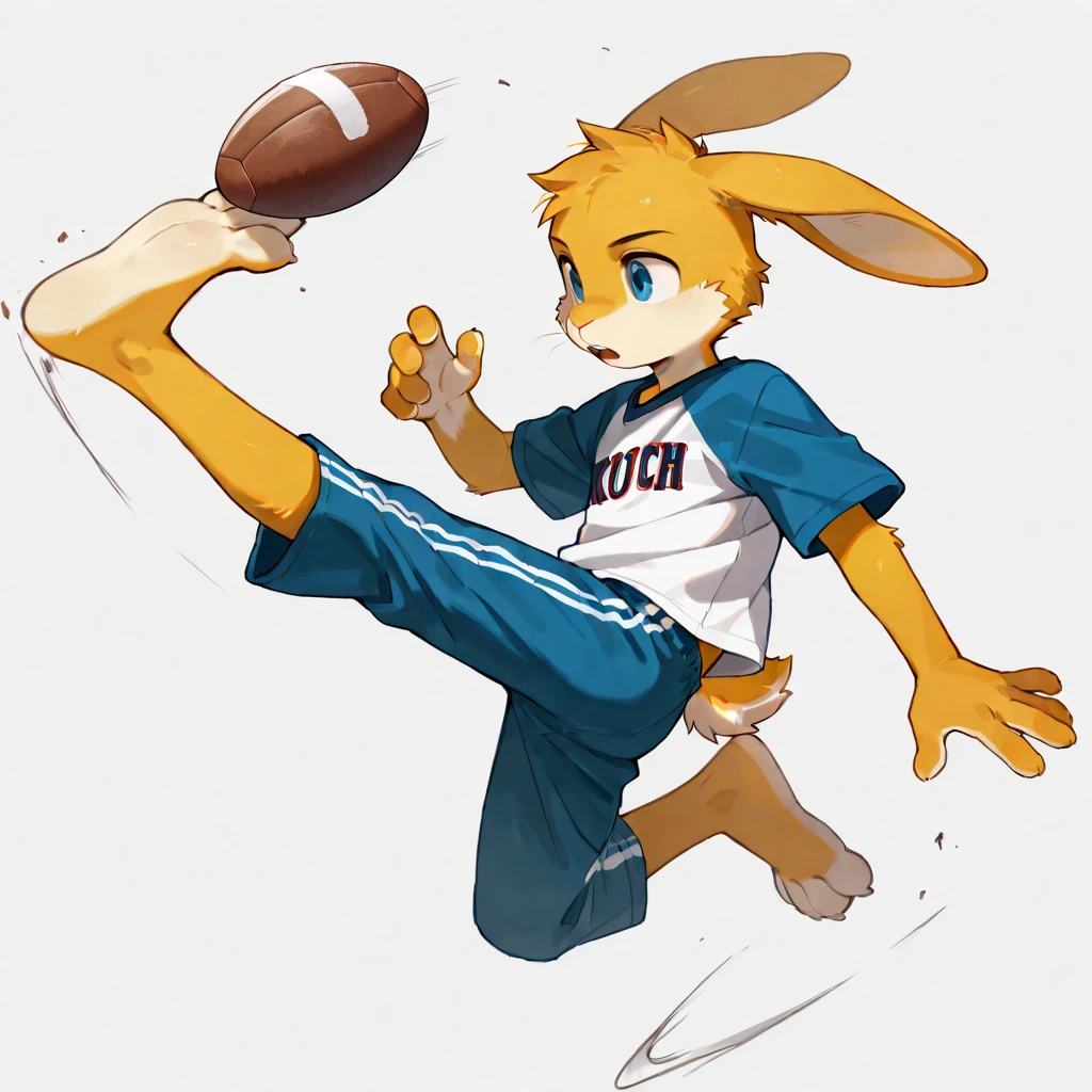 By bebebebebe, by lostgoose, by goonie-san, furry, male, bunny, serious, brown eyes, fit, slim, white fur, curly white hair, jersey, shorts, volleyball, stadium background, jumping, right arm back, left arm pointing up, legs bent, facing camera

