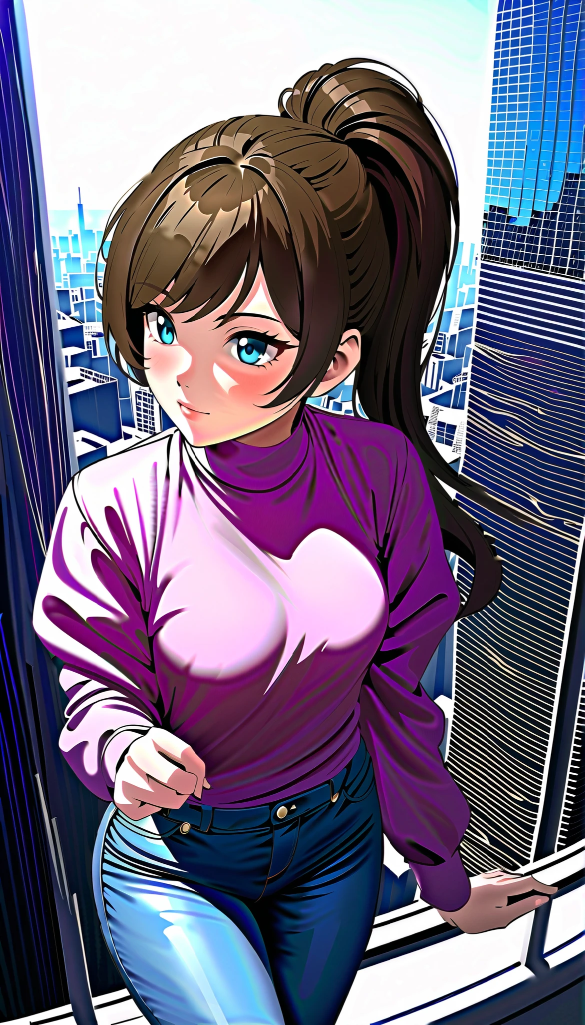 ((RAW Photo), Absurds, (Absurd Resolution)), ((Hyperrealism, Photorealistic)), beautiful woman 21 years old, (very beautiful brunette), (brown hair, ponytail), (Her beauty is legendary, You sigh when you see her), (blue eyes), (outfit: 70s, tight jeans, pink blouse, purple vest), sun reflections, (background: skyscrapers) (Aerial Perspective). «SunPuma S»