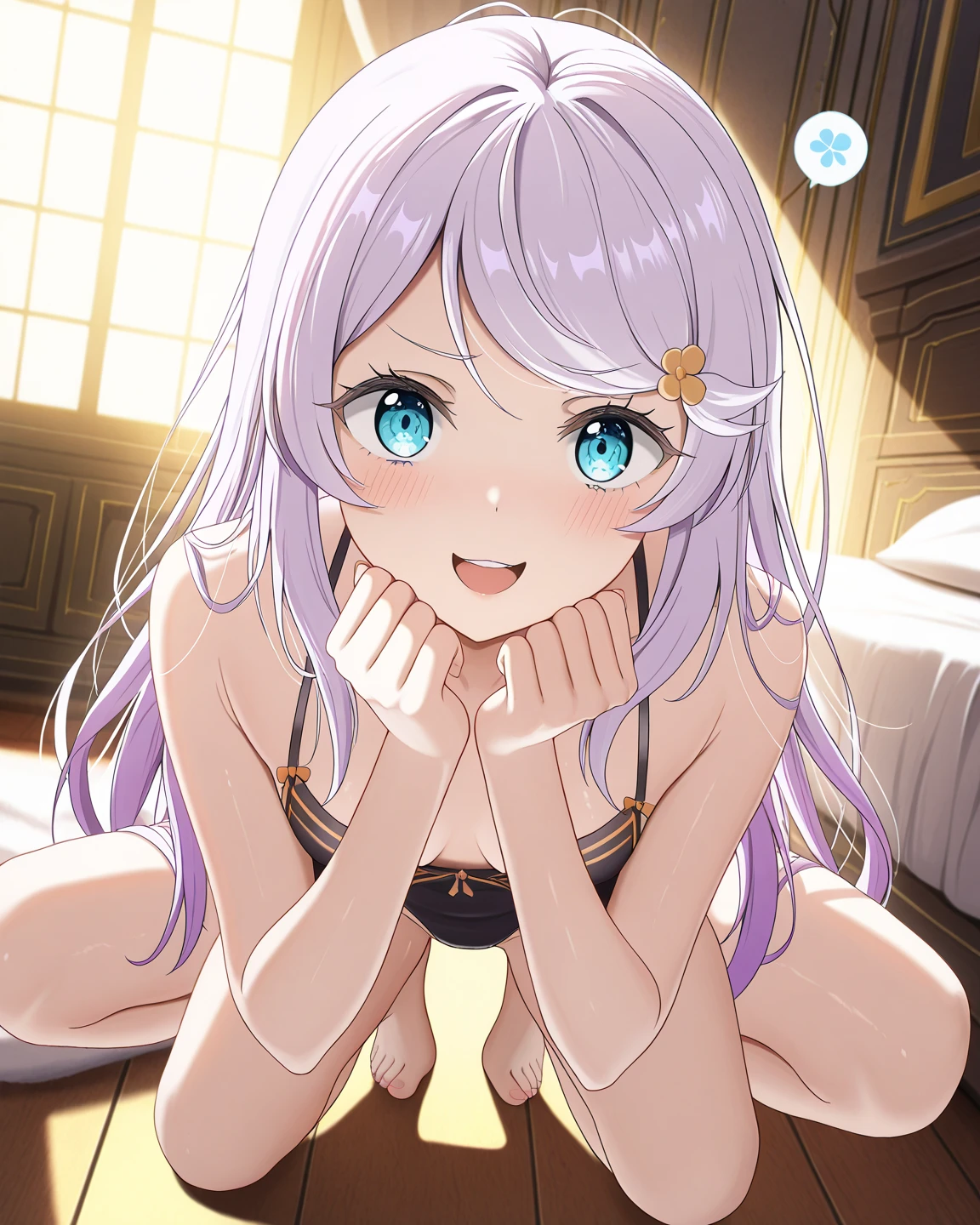 masterpiece, excellent quality, best quality, is absolutely glamorous, results, high resolution, en yeni, Inside, 1girl, (Full length view from head to toe), Re:Anastasia Hoshin from Zero, Purple Hair color, blue eyes, , small , lies in a pose by extending her arms to the viewer in the foreground while lying in a pose wearing a queen uniform, Restrained Expression, happy expression bubble, White Hair color, arms-length gloves, thigh high socks, solo, (overdetailed CG), perfect lighting, ( sharp image ), dynamic angle