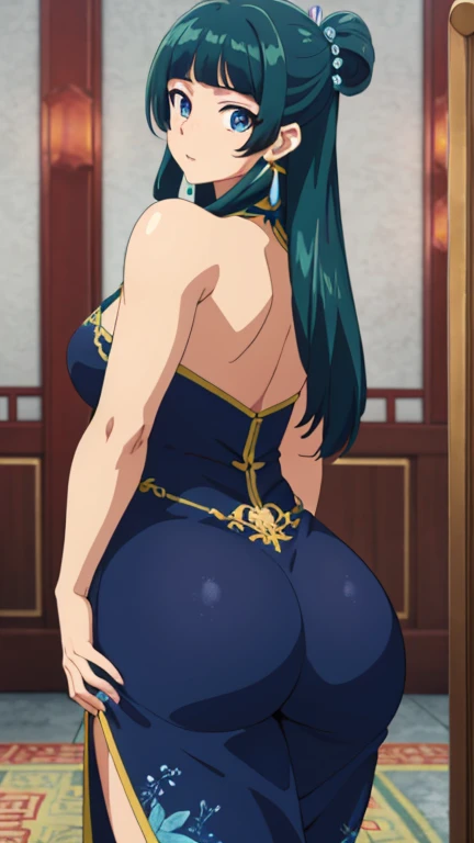 freirenfern, fern, purple hair, long hair, purple eyes, blunt bangs, goddess of beauty, ((perfect anatomy)), image from behind, bright pupils, (thick ass, one girl), bending over a table, showing ass, (masterpiece, highest quality, high resolution, 8K:1.2), (anime), super resolution, highly detailed and beautiful, highly detailed beautiful girl, highly detailed face, highly detailed eyes, perfect anatomy, cowboy shot, highly detailed cg unity 8k, (chinese cheongsam, forest),