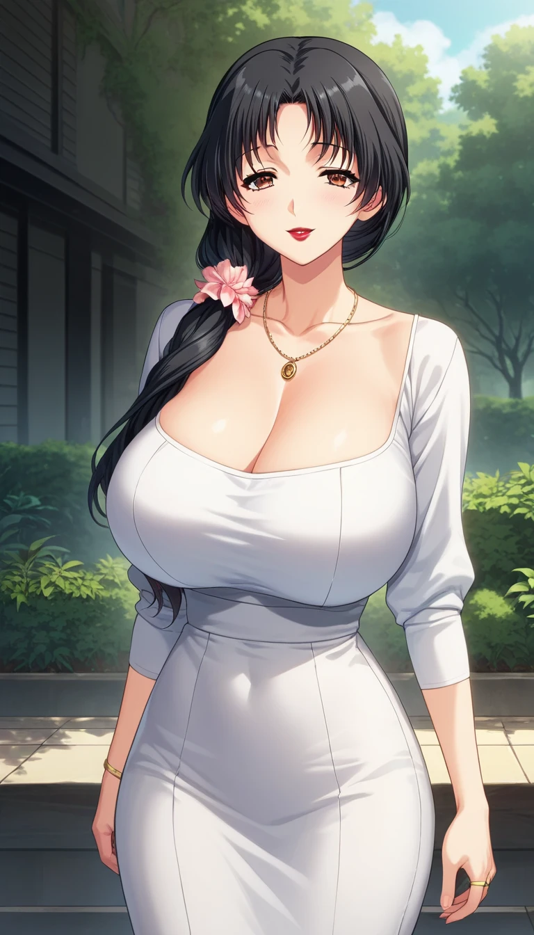 fw.Ju-Mi
best quality, masterpiece, ultra-detailed, high quality, 1girl, solo, mature female, brown hair, bautiful, beautiful face, smile, open mouth, looking at viewer, maxi dress, bare shoulders, , from the front, standing