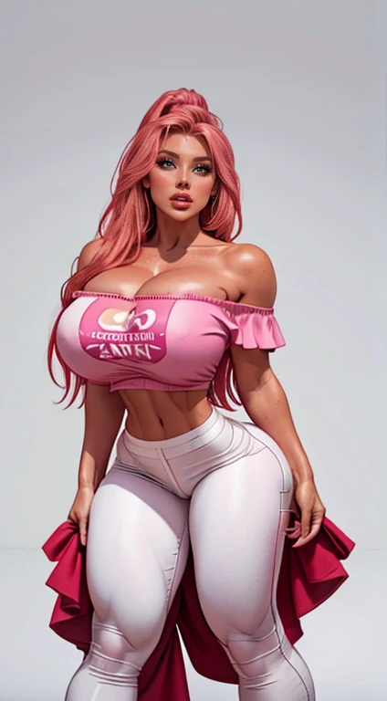 (navel piercing), navel exposed, Generate an illustration of a mature Orihime, pink shirt, orange hair, holding her own breasts , ((aletta ocean face)), de terno preto, (natural lipstick:1.1), long hair, hair flows straight down, hair pins on both sides, (gigantic breasts:1.4), crop top, shorts, long socks, sneakers, outfit in anime format with a serious style, masterpiece, ((white lighting)), black background, puffy lips,((slendered abs)), beautiful face,