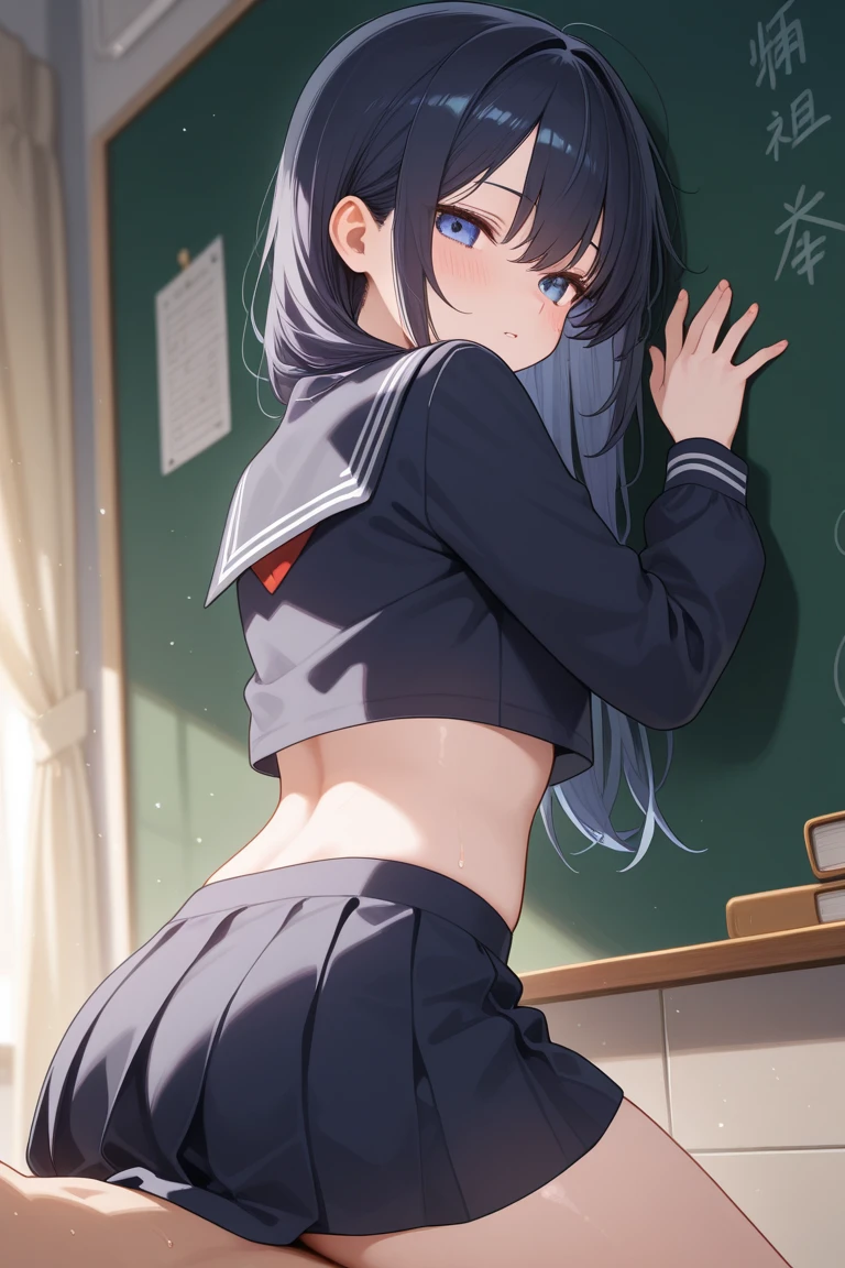 Tabletop、highest quality、超A high resolution、8k、Professional Lighting、Photon Mapping、Teleportation、analog、Hand-drawn、Anime Face、NSFW、One girl、alone、cute:1.5、:1.4、(School uniform:1.3)、Are standing:1.6、(School classroom:1.5)、distress、blush:1.5、Kneel:1.6、 ((Butt Exposure:1.6))、highest quality、Incredibly ridiculous、High Detail Eyes、smile、(Micro Skirt:1.5)、(Butt hole closeup:1.6)、(Recall:1.4)、、((black short hair headband:1.2))、No underwear、Full view of lower body、Spreading the crotch with your fingers
