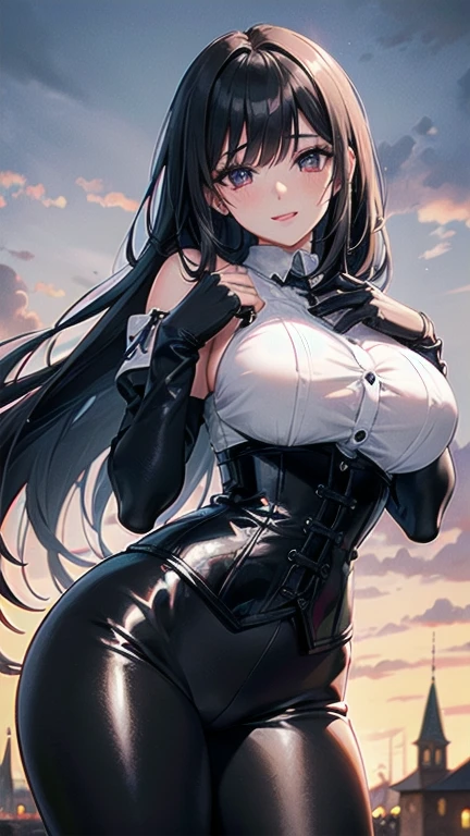 masterpiece, highest quality, Super detailed, girl、long black hair、short bangusular、huge breasts、white stockings、green leotard、T-back、(big ass)、black tailcoat gold button、smile、Are standing、black top hat、white gloves、City of night