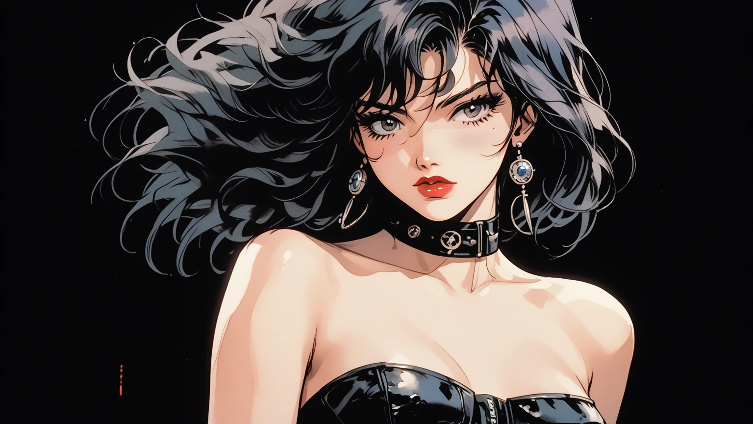 Cassandra Peterson as Elvira, Lord of Darkness: beautiful breasts, black hair, long and tight black dress with a neckline, long 80's style hair, Tim Burton styling