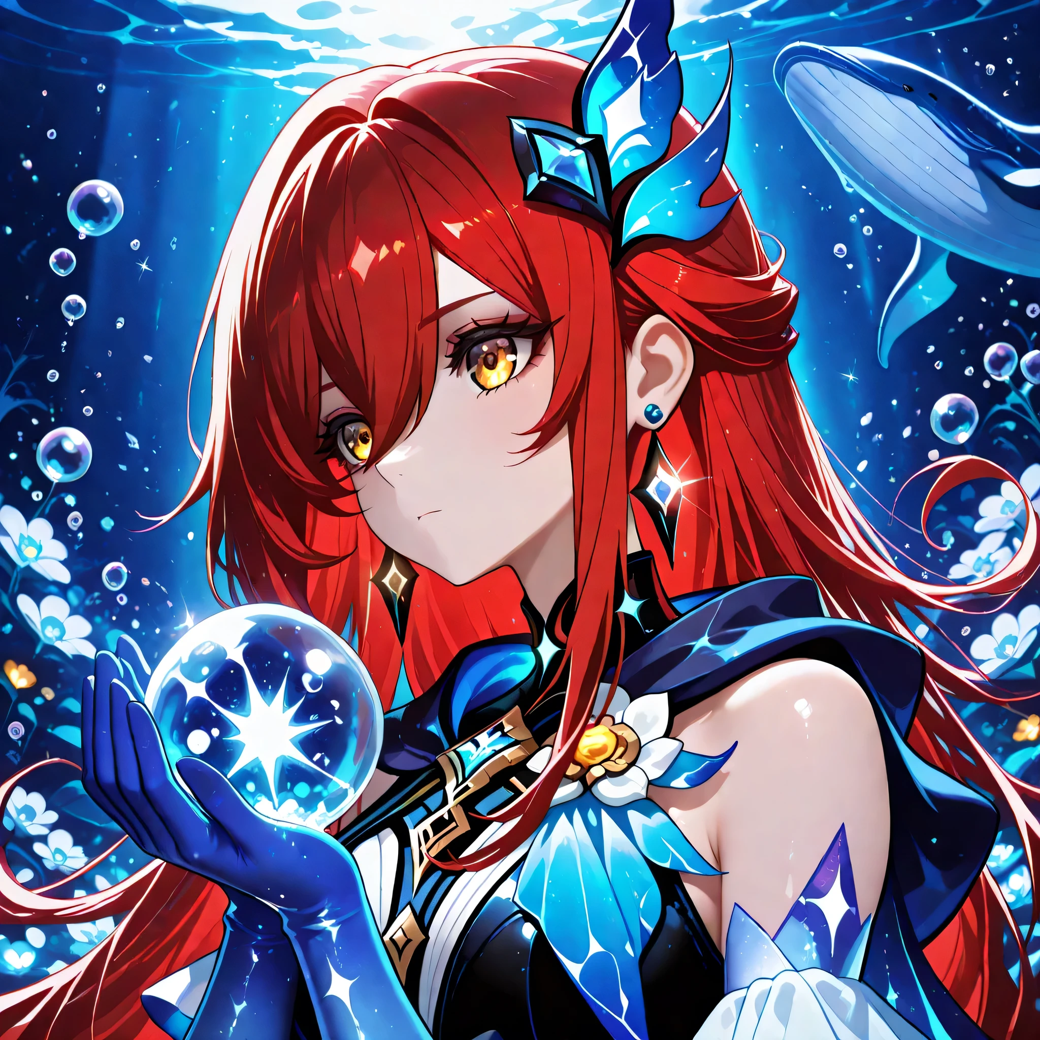 1 girl , golden eyes , very long hair , long sidelocks, red hair ,half updo, petite , very cute , beautiful ,Straight hair, cool, handsome, hair between eyes, sexy, mediumlarge breasts, skirk\(genshin impact\cosplay), bare_shoulders, black_shorts, blue_gloves, earrings, detached sleeves, elbow_gloves, hair_ornament, jewelry, deep in sea background, flower in the sea, bubble, Skirk GI, whale , close up face, ice blast, cure moonlight,