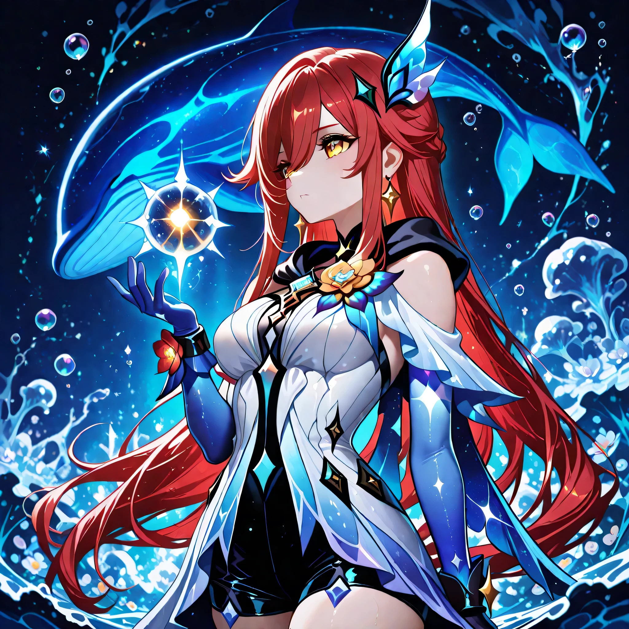 1 girl , golden eyes , very long hair , long sidelocks, red hair ,half updo, petite , very cute , beautiful ,Straight hair, cool, handsome, hair between eyes, sexy, mediumlarge breasts, skirk\(genshin impact\cosplay), bare_shoulders, black_shorts, blue_gloves, earrings, detached sleeves, elbow_gloves, hair_ornament, jewelry, deep in sea background, flower in the sea, bubble, Skirk GI, whale , close up face, ice blast, cure moonlight,