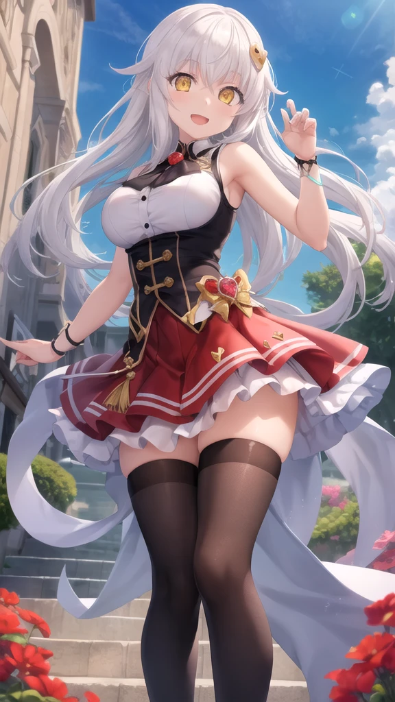1girl, flat chest, shiny skin, robot girl, collar, black hair, long hair, bangs, hairpin, flower, almond-shaped eyes, empty eyes, black eyes, earrings, double bun, Chinese dress, hanfu, black dress, armored dress, armor, shoulder armor, leg armor, sidelocks, black thighhighs, zettai ryouiki, kung fu shoes, black footwear, school, outdoors, day, sky, blue sky, building, ruins, destroyed, overgrown vegetation, tree, grass, pavement, road, city, statue, cracked, erosion, reclaimed by nature, books, desk, benches, moss, ivy, sunlight, windows, crumbling walls, floor tiles, chalkboard, plants growing inside, aging infrastructure, signs of past human civilization, san francisco, masterpiece, best quality, official art, extremely detailed CG unity 8k wallpaper, artbook,