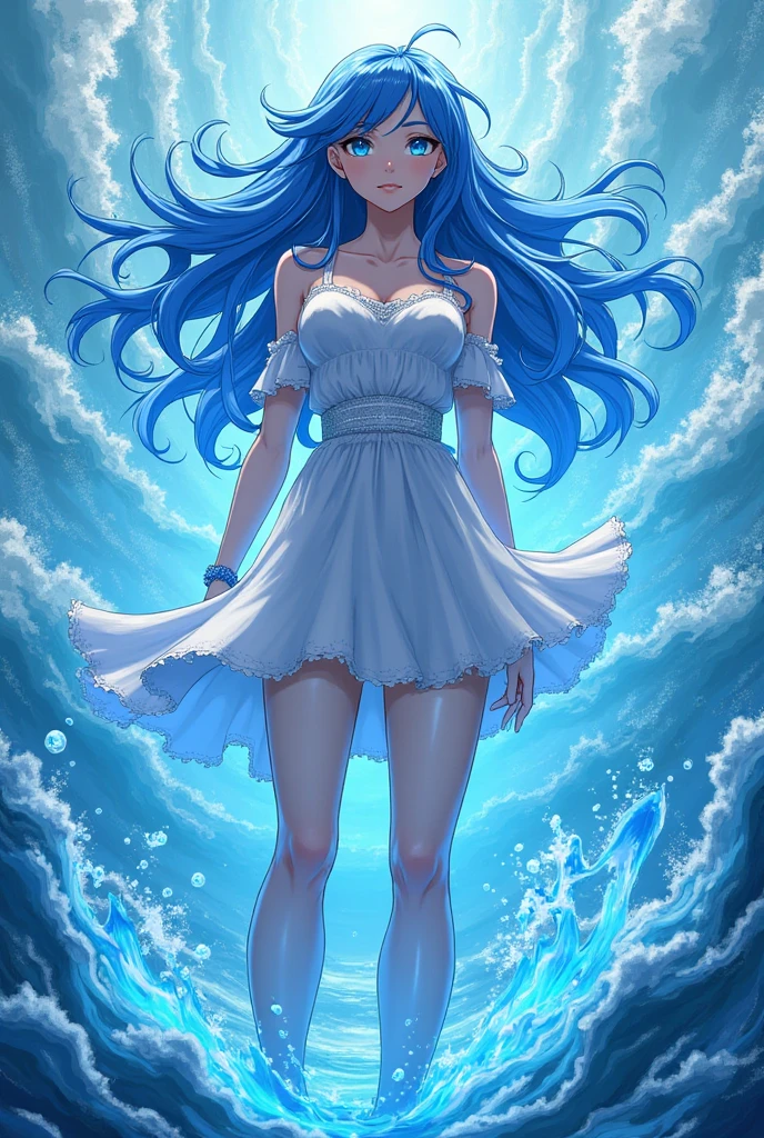 goddess of water aqua, Blue hair, black stockings, beach, sexy, dress, Water Magic, long hair, anime aqua
