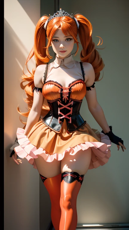 Adolescent, best quality, ultra detailed, redhead, yellow eyes, makima, electric saw man, anime, hair with braids, sexy corset, full body vision.
