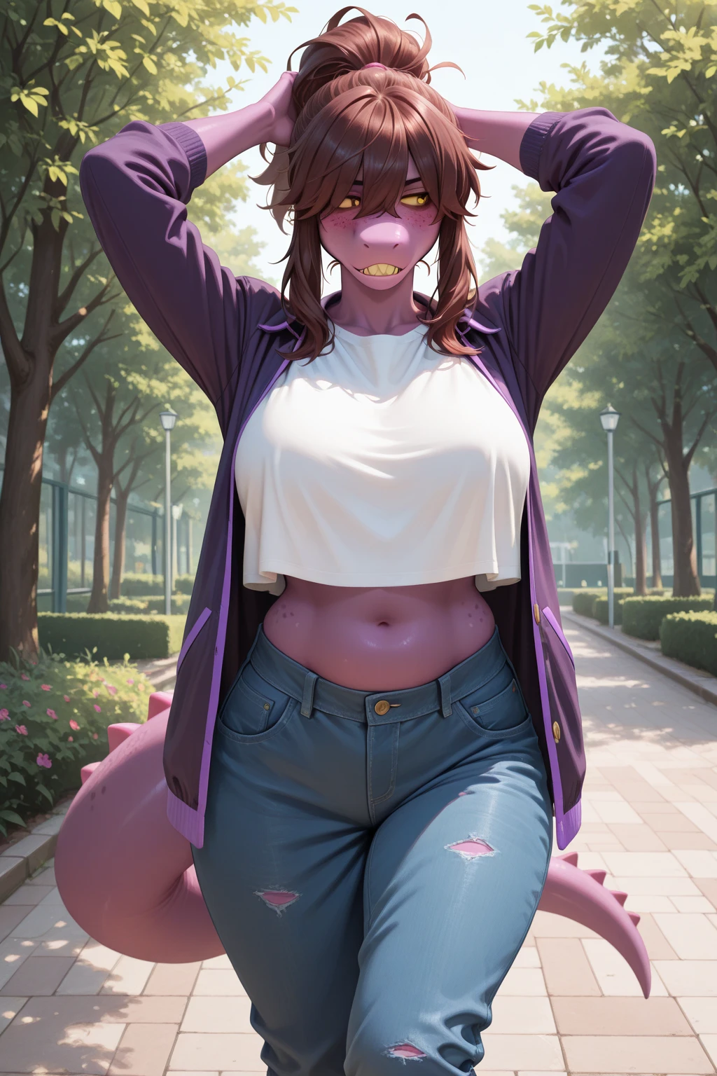 uploaded on e621, explicit content, 3d:0.4, cutesexyrobutts, hioshiru, (cooliehigh:0.5), female, hisuian typhlosion, park setting, closeup, three-quarter portrait, standing, happy, (baggy hoodie, jeans)
<lora:Hisuian Typhlosion:1>