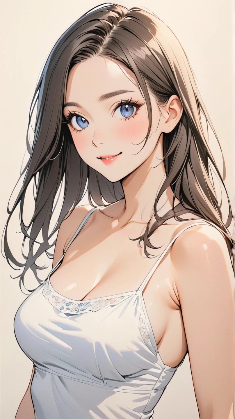semi-nude、neat slender woman、beautiful figure、Slender beautiful body、big blue eyes、cute smile、pale yellow wallpaper background