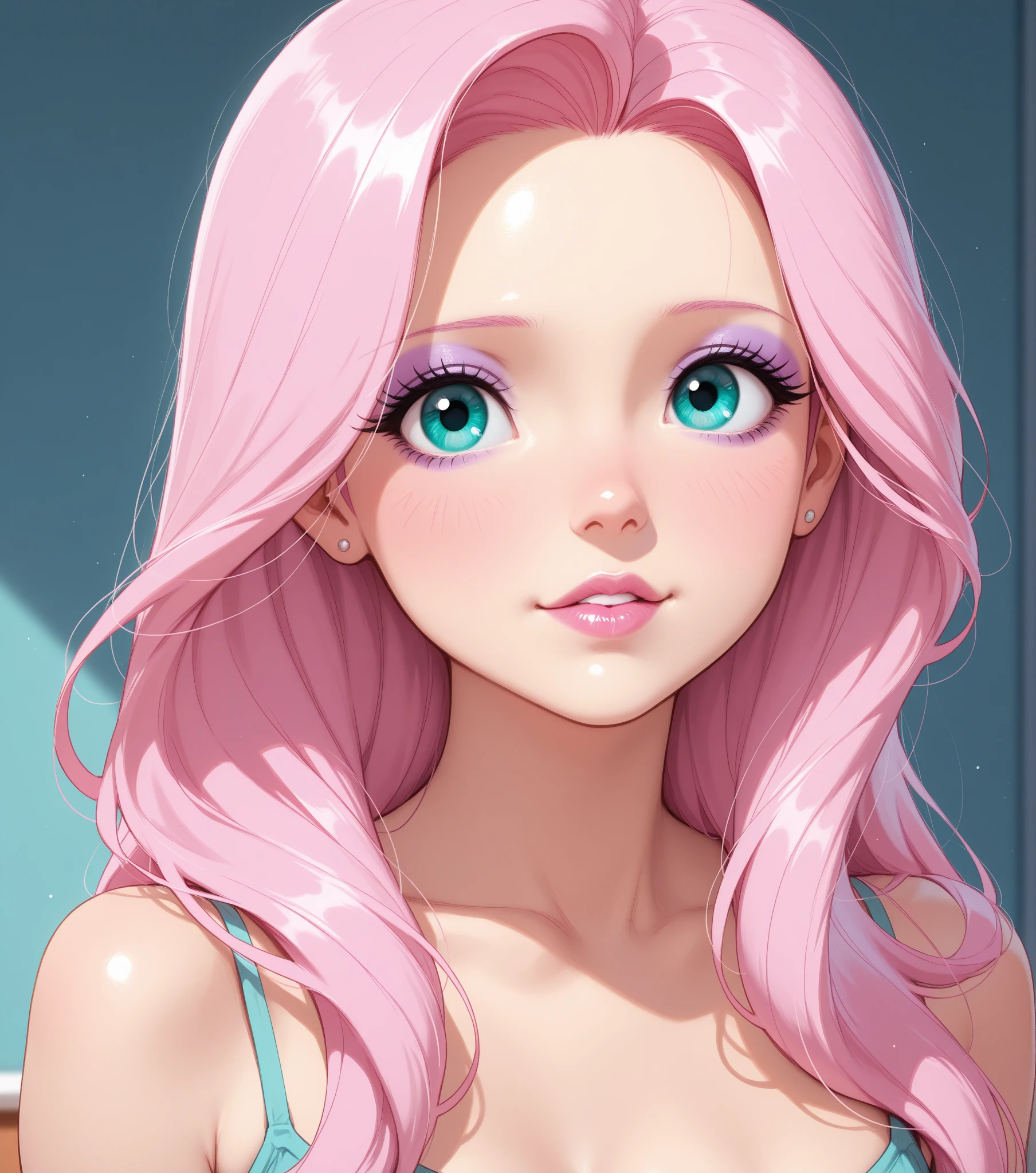 young woman, short shoulder-length pink hair, wide forehead, porcelain skin, pink eyebrows, big emerald green eyes, buttoned nose, full lips, heart-shaped face, slender body, small breasts, red tank top, Sakura Haruno , realistic, realism, details, 3d, well detailed
