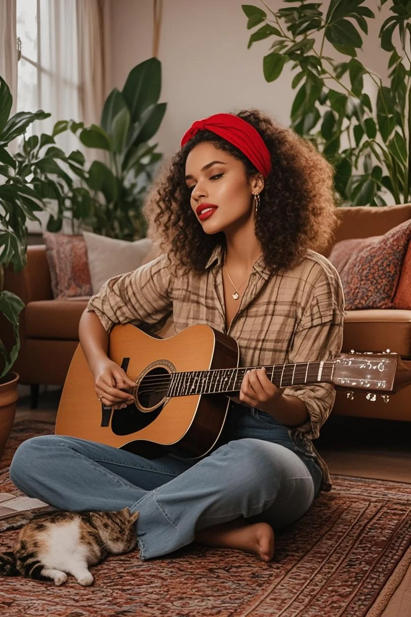 (photorealism: 1.2), beautiful woman, on cream-colored living room sofa, wearing a loose baby blue shoulderless blouse, pajama pants, araffe woman with curly hair wearing a sensual red doll, tanned ameera al taweel, imaan hammam, beautiful latin face , beautiful beautiful woman, she has dark brown skin, beautiful woman, flawless dark skin, beautiful mexican woman, the most beautiful woman in the world, beautiful tanned mexican woman, jaw-dropping beauty, Photoshop image quality, lying on her bed comfortable, soft lighting, room with natural sunlight, cozy living room, sitting comfortably, with eyes closed, playing the guitar (seizi brand) coffee color, realistic, intricate details, warm colors, by Greg Rutkowski, by Alphonse Mucha