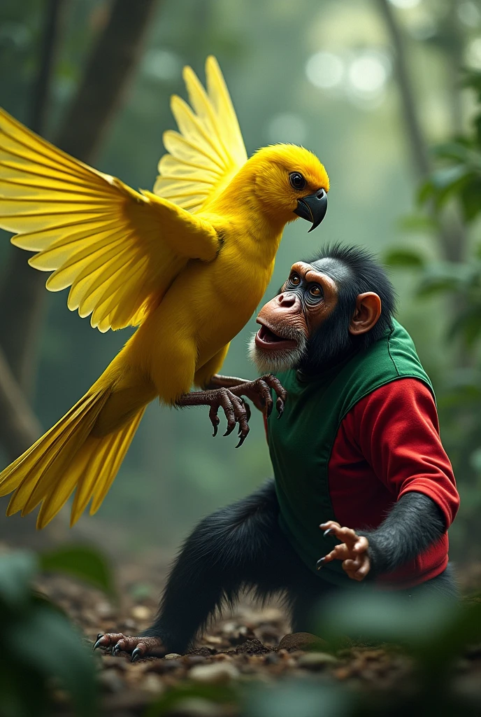 a green macaw, a mono, a fat man, a turtle and a wild boar forming a mask 
