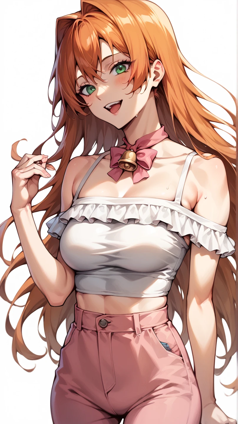 One girl,chest,hand (Chainsaw Man),The eyes are round,Red background,alone,large chest,smile,View your viewers,belly button,Braidinged ponytail,Braiding,Red eyes,Simple Background,No bra,bangs,Underbust,Grin,Upper Body,Long Hair,Side Lock,Stomach,Lips parted,Garment Lift,From below,spot color,formal,Red Theme,Raise your hand、Spread your legs、Sex