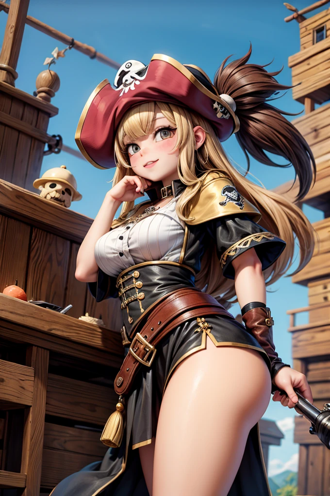 A cute woman is a sky pirate (sexy over exposed pirate outfit (SFW), she has a sword and pistol at her side, pirate hat) she is on a red themed steampunk airship with crew (show all of her)