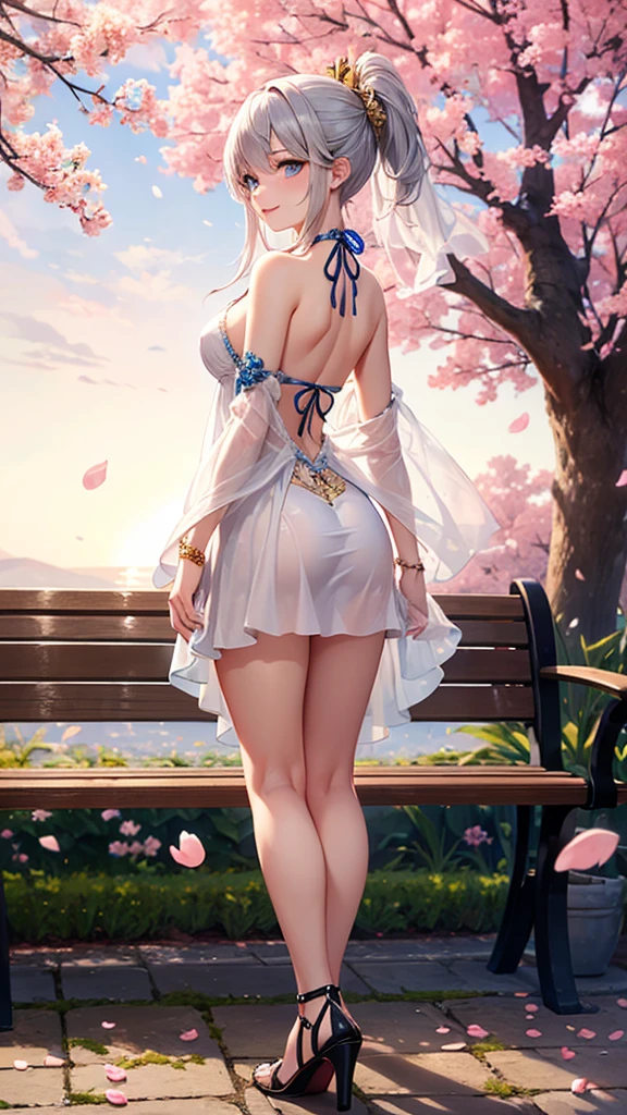 (Beautiful back line and glamorous big buttocks,(Beautiful back view)(Sun light)(Beautiful back curve)
(Transparent and moisturized skin),(Backlight)(Ultra-high resolution 3840 x 2160),(8K ultra-high image quality),(8k wallpaper)、(Big Tits)、(Pale pink backless maxi skirt with side slits)、(Beautiful Face)、(Mid-length hair)、
(straight)、(Glass Stiletto Heels)、
(Beautiful ripples reflected in the lake),(Backless skirt),
(A firm and glamorous body and back)
(looking away)(A delicate and beautiful floral skirt)