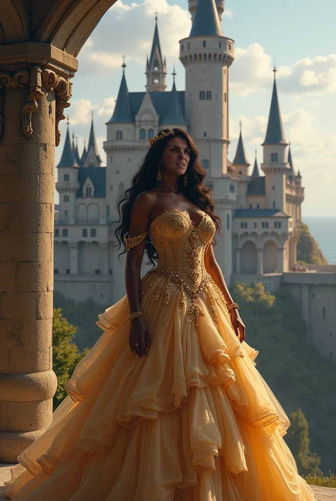 A beautiful African-American giantess princess, curvy and voluptuous figure, wearing tight-fitting fashionable clothes, thicc, detailed facial features, intricate dress design, fantasy landscape, dramatic lighting, cinematic composition, hyper-realistic, 8K, photorealistic, masterpiece