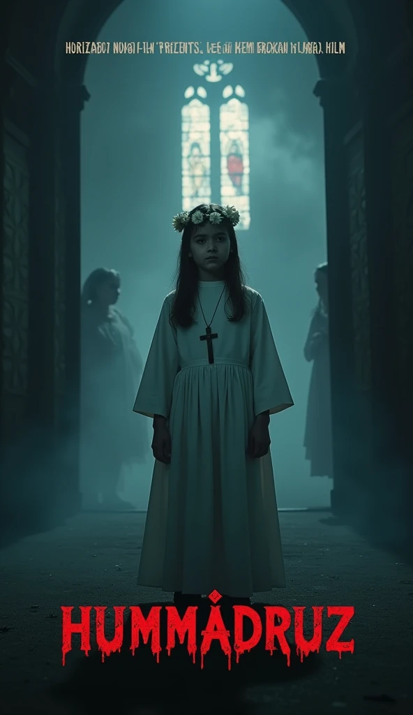Young albino girl with long white hair, From the Middle Ages, realisitic, blue eyes white nun clothes, with a cross necklace and a look of fear in front of a carriage in a Villa at night with torches, with a scary red bishop behind details.