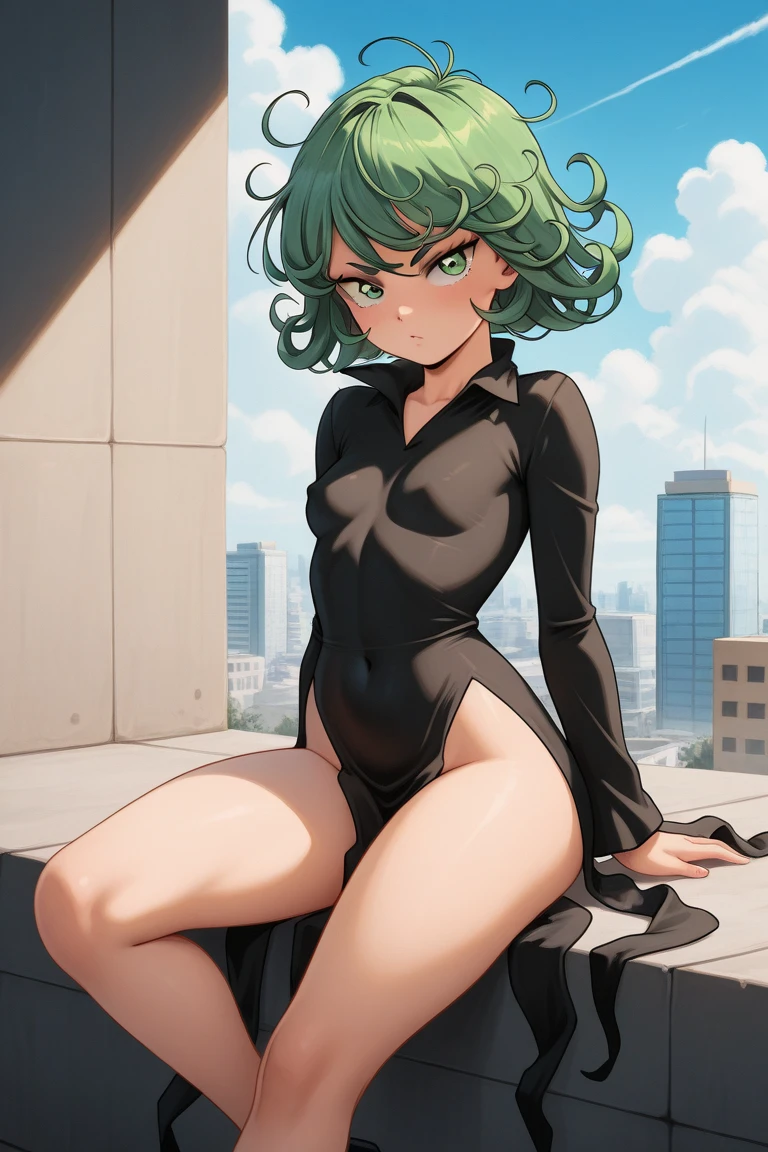 (masterpiece, best quality:1.2), cowboy shot, solo, 1girl, tatsumaki, lustful, closed mouth, looking at the viewer, ass, wide hips, shirt, thong, short shorts, squats, spread legs, blue sky, erotica,