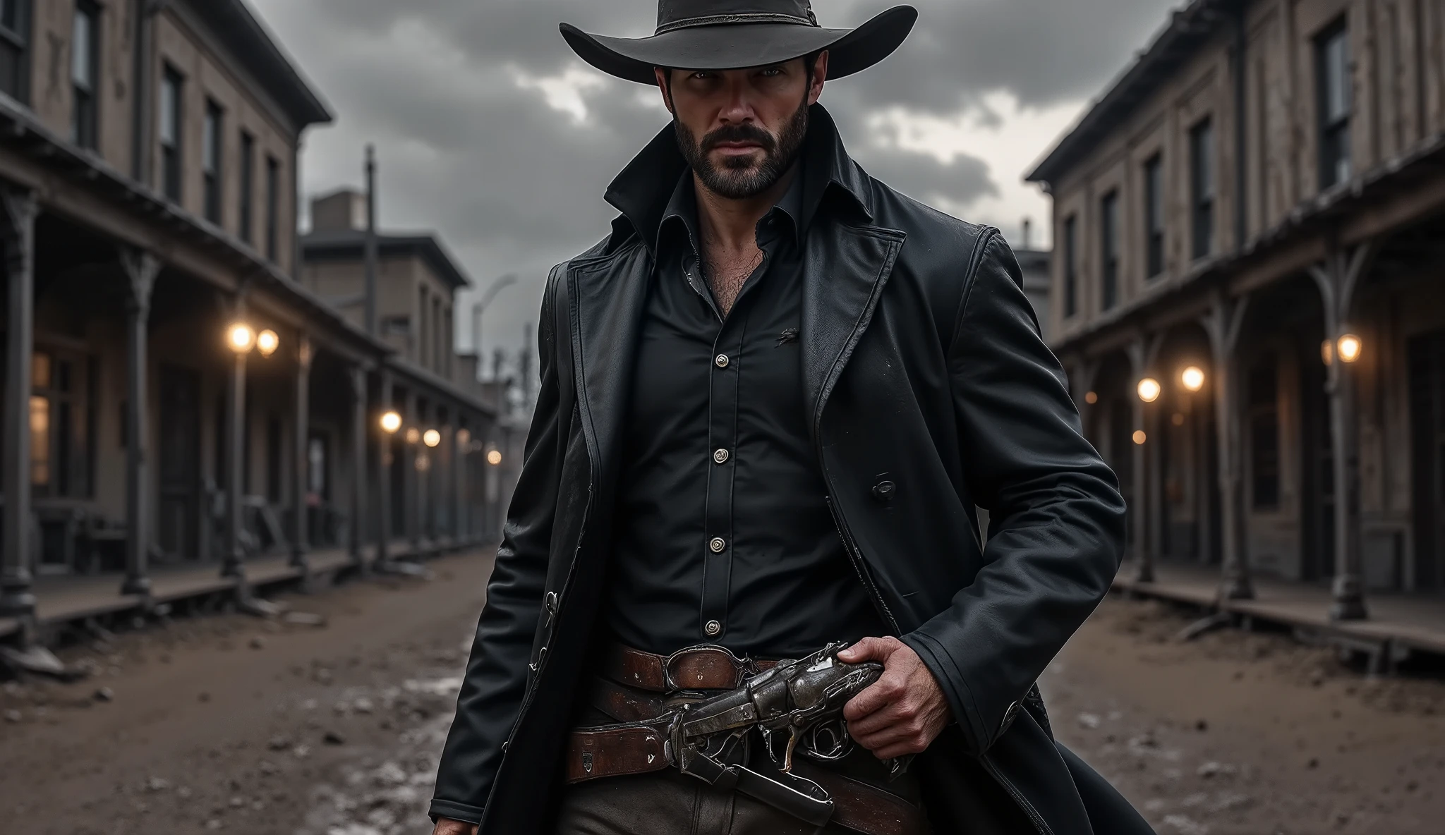 (1 Man) portrait of handsome man (stoic)), (Black hair), (rugged face and stubble, stoic expression), (Firm jaw, (Blue eyes), (Strong face,): 1,2, (wearing dark leather overcoat, buttoned shirt, wide-brimmed cowboy hat casting a shadow over intense eyes, full body)
Hyper-realistic cinematic wide shot captured in 16:9 aspect ratio: a solitary cowboy walks slowly down the center of a deserted, mud-soaked street in a crumbling, forgotten Old West town at dusk. The cold air hangs heavy with mist and the lingering threat of rain. The camera frames him from a low front-facing angle, emphasizing the gritty determination in his slow, deliberate steps. In one hand, he loosely grips a weathered pistol, its metal surface tarnished and catching the faintest glint of dying light.
The sky above is an endless expanse of thick, dark storm clouds, painted in bruised shades of deep purple and ashen gray. Dim, uneven lanterns flicker weakly from crooked wooden buildings, their light struggling against the creeping darkness. The ground is churned and uneven, with puddles of murky water reflecting the distorted, ghostly outlines of the surrounding town.
Plano geral + Profundidade de campo profunda
Photorealistic textures capture every painstaking detail: the cracked, mud-caked boots of the cowboy, the frayed edges of his dust-smeared duster coat fluttering slightly in the chill wind, the battered wooden facades of abandoned saloons and general stores leaning precariously inward as if suffocating under the weight of time.
Captured with a vintage 35mm film camera, featuring soft organic film grain, naturalistic lighting with deep shadow pockets, muted color grading dominated by muddy browns, cold grays, and faded indigos, and a brooding cinematic composition that feels like the lead-in to an inevitable, tragic showdown.