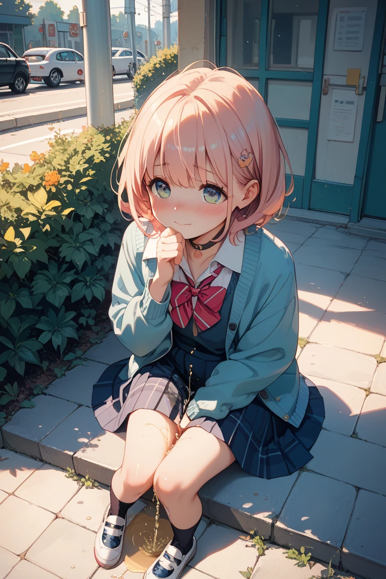 Solo, 1 Girl, Fluffy Pink Hair, Messy Bobcut Hair Style, Dark Pink Eyes, Beautiful Eyes, Mischievous Smile, Furrowed Eyebrows, Soft Blush, Medium Breasts, Wide Hips, Thick Thighs, School Uniform: White Button Up Shirt and Red Plaid Pleated Skirt, Crouching Beside Bush, Hands Resting on Thighs, Sidewalk Background, High School Visible in Background, Looking at Viewer