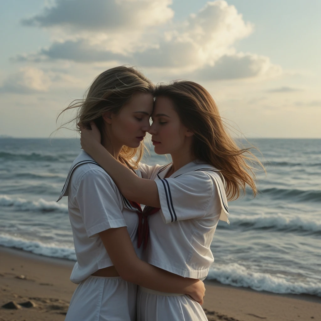 Two women, long yellow hair, long gray hair, red clothes, kissing on a beach