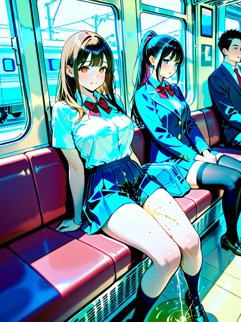 On a train, a molester is having  with a topless girl, wearing a checkered skirt and no underwear, with erepples,pubic hair, short black hair, small breasts, and cr protest, while standing.