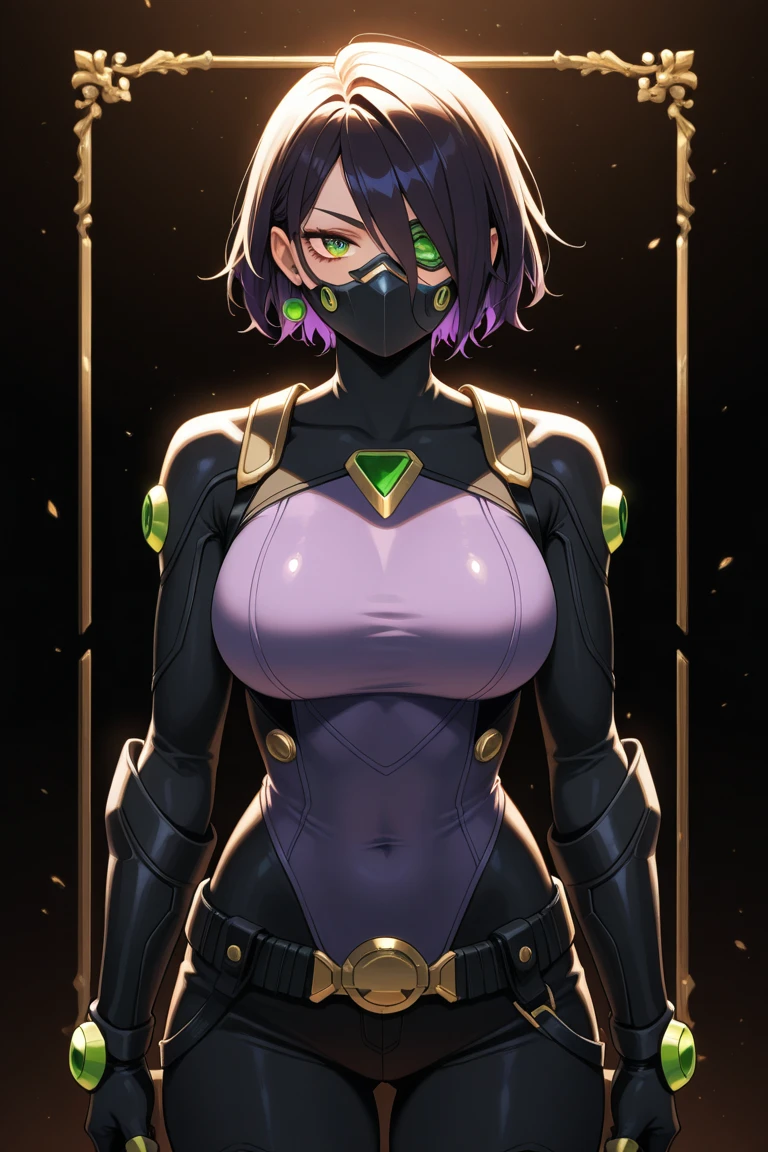 masterpiece, best quality,  <lora:ushigozen-nvwls-v1-000010:0.9> ushigozen, black bodysuit, neon trim, looking at viewer, night, glowing, grin, furrowed brow, night, purple theme, abstract background, upper body