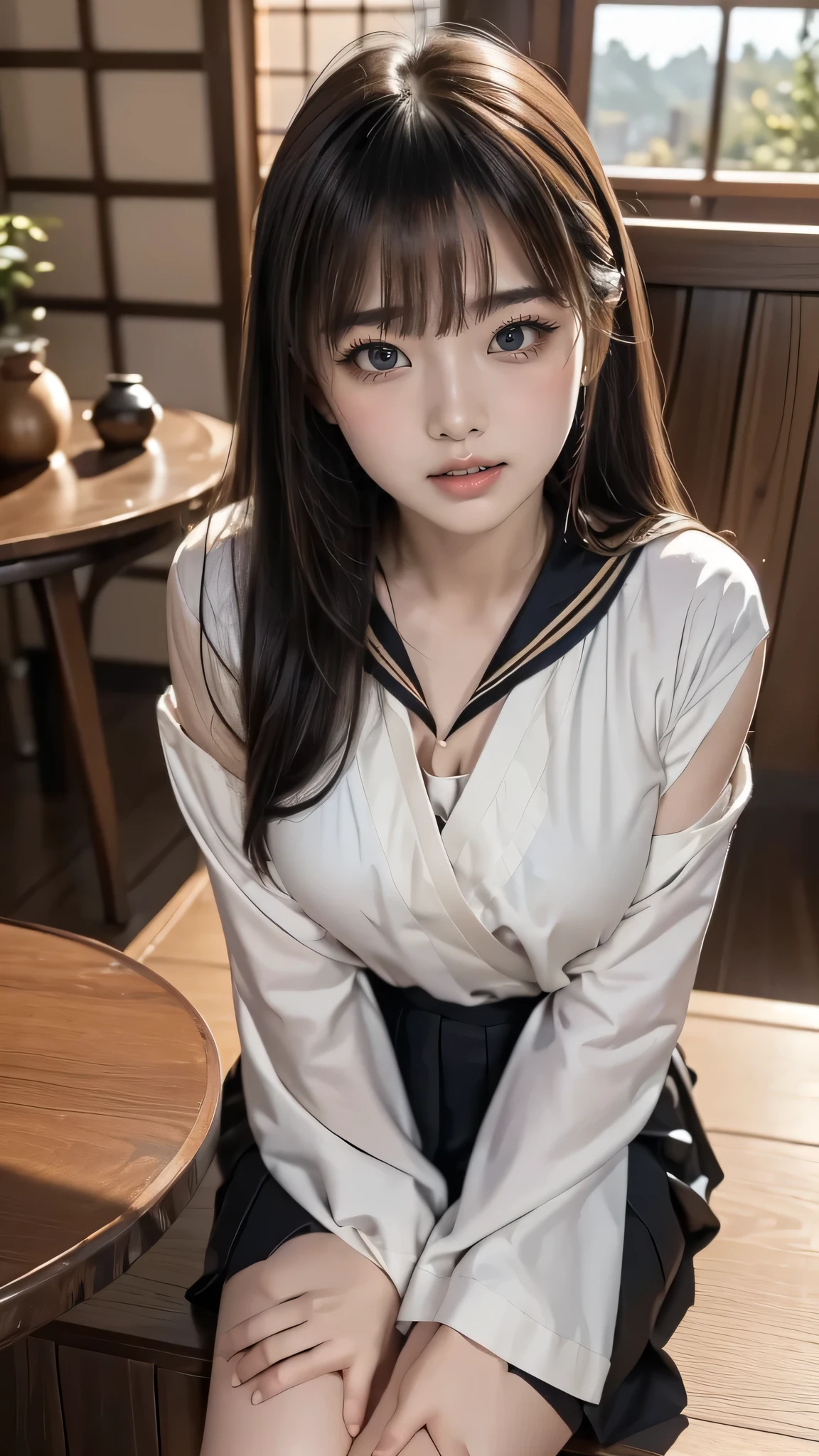8K, masterpiece, highest quality, ultra high resolution, highest resolution, very detailed, professional lighting, Orange Light Lighting、Backlight、Detailed CG、Low angle from the front、full body shot、Beautiful woman、beautiful eyes、(detailed face and iace:1 2)、narrow eyes、almond eye、brown eyes、gradation eye、highlight:1.2)、(beautiful black hair、long hair、asymmetrical bangs、(plump lips、glossy lips、 size) 、(oval face : 1.4)、(thin fingered arms、detailed human hand)、(table top, highest quality:1.2), nostalgic、Wooden warehouse、Landscape with Japan wooden house、sitting in veranda、ancient folk house、pine trees、plant、Beautiful Japan garden、The bright red sunset is beautiful、vapor、mist、white breath、full body pose、Girl blends into the landscape、sitting in a chair、Beautiful woman, small face、white skin、very cute, 、(fine eyes、bright pupils、gradient eyes:1、細かく描かれたbeautiful eyes:ymmetrical eyes:1、目の大きなhighlight:1.2)、thin hair、brown eyes)、Breasts are medium in size、(black brown hair、semi-long)、(sailor suit、serafuku:1.4)、thin and long legs、beautiful hip line、Beautiful spine、constricted back、tight waist、black underwear、JK Black Skirt 、pleated skirt、Hip line emphasis、black socks、black stockings、brown eyes,face is a little red, beautiful breasts、Breasts are A cup、shoes are loafers、long hairの枝毛) 、(round face: 1.4)、gentle smile、open your mouth、teeth visible、black knee high socks